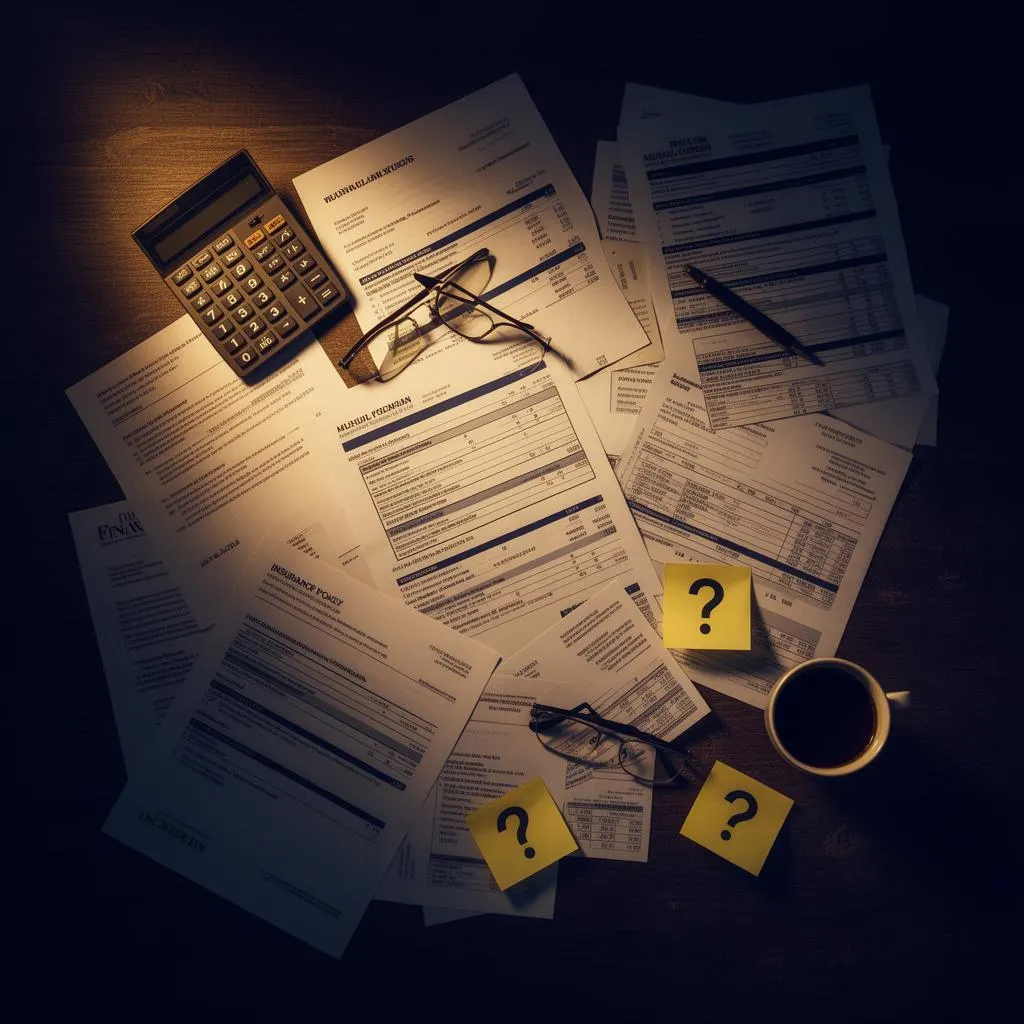 Scattered financial statements, mutual fund papers, and policies on a desk — fragmented financial life