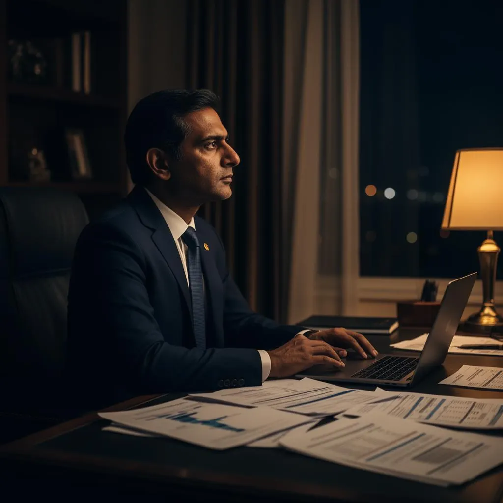 Successful professional reflecting alone at night on financial decisions
